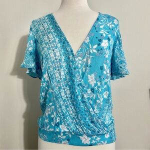Lovestitch Blue White Floral Surplice Wrap Flutter Top M Medium